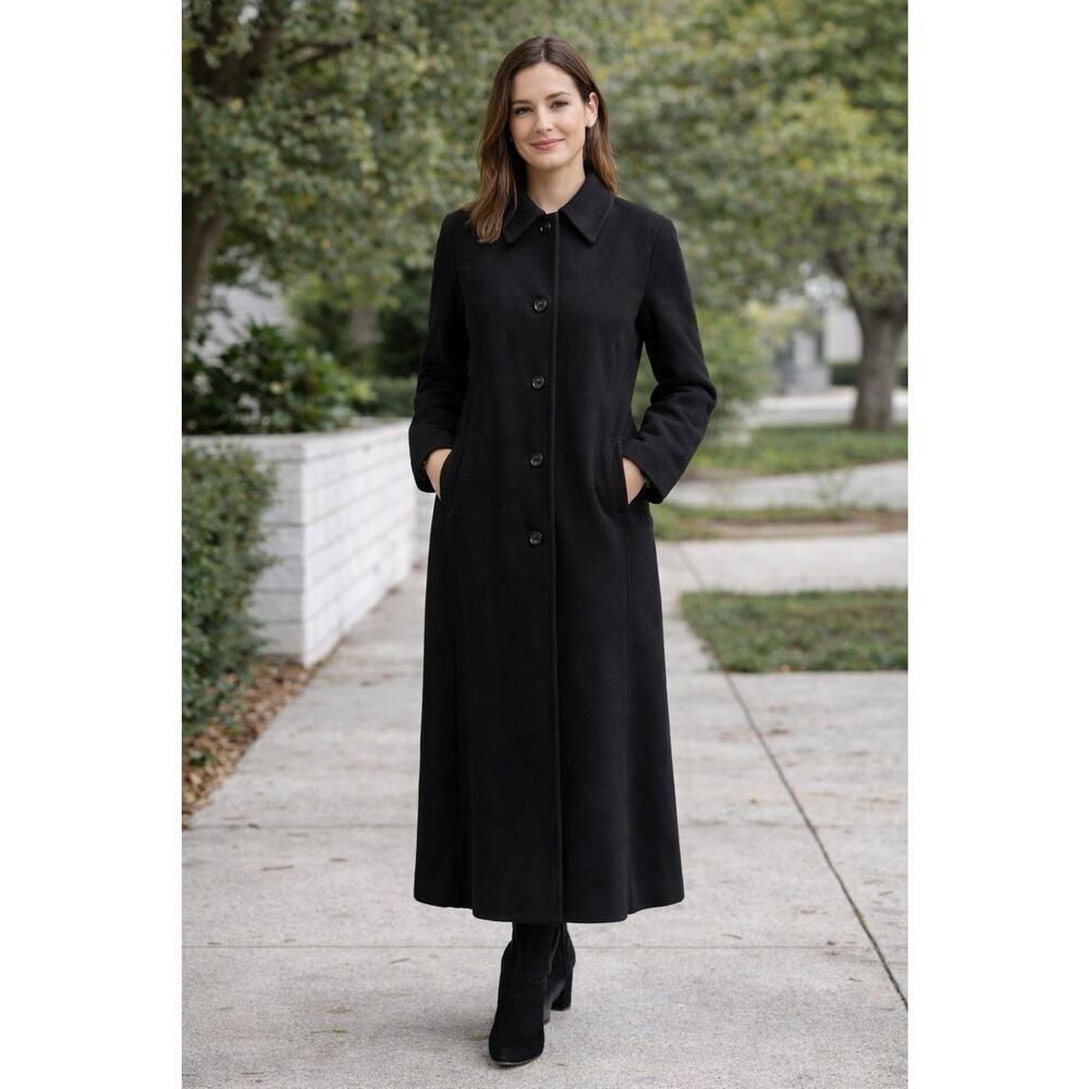 Liz Claiborne Women’s Long Black Wool Coat Size 12 Classic Button Front - Picture 1 of 10